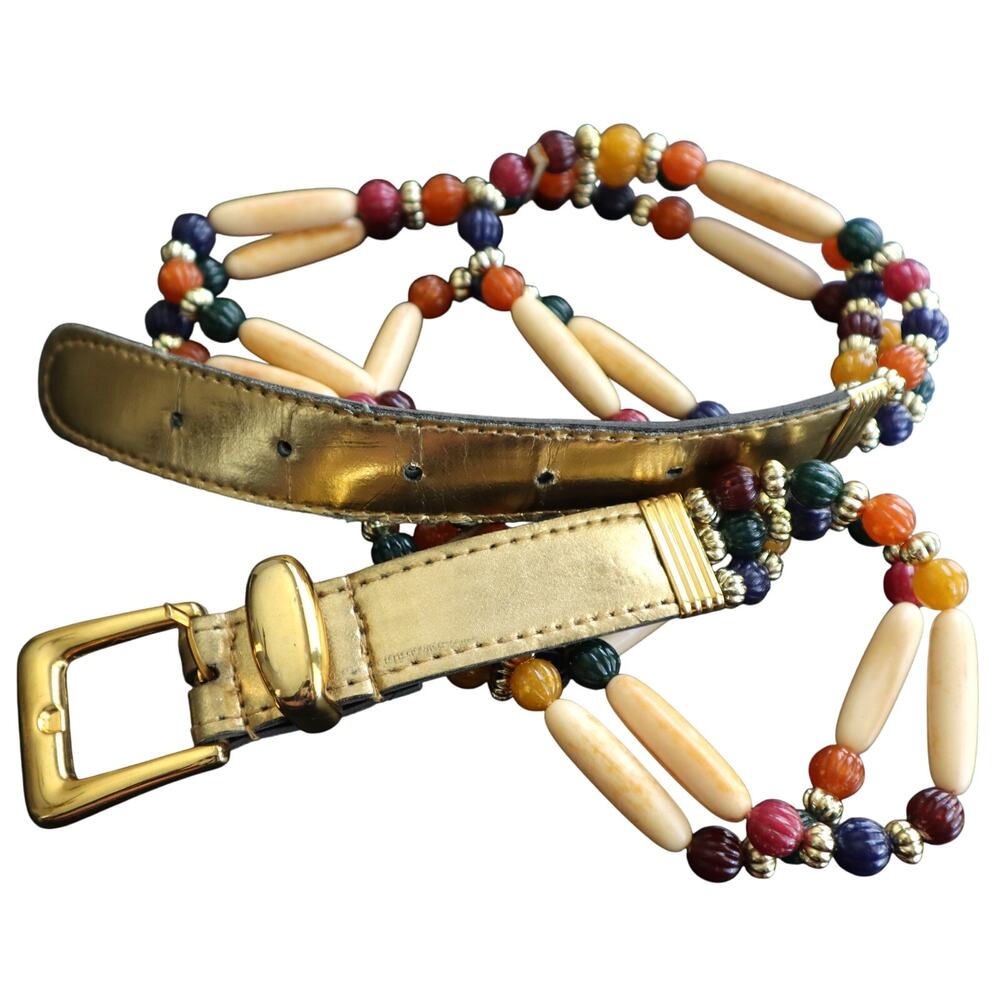 Vintage 80s 90s Beaded Belt Gold Buckle Boho Hippie Retro Womens Small Medium